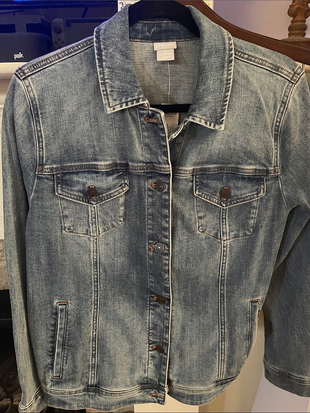 Chico's Americana Mid Wash Blue Denim Jacket -(2) LARGE - NWT